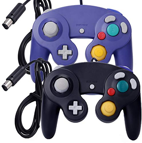 ONE250 Lot de 2 manettes filaires Classic Shock Joypad, compatibles avec Wii NGC Gamecube Game Cube (noir et violet)