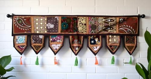 Indian Handmade Traditional Embroidered Toran Cotton Thoranam Door Living Room Decor Bandanwar Home Valance Decorations Window Hanging Bohemian Wall Ethnic Decorative Vintage (Brown, 1 mtr)