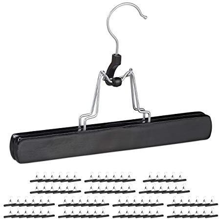 Relaxdays 24 Perchas Pantalones, Ganchos Giratorios 360°, Pinzas para Faldas, Antideslizantes, 17 x 25 x 2,3 cm, Madera, Negro