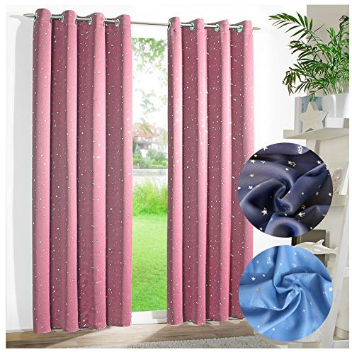 heimtexland ® Verdunklungsvorhang Dekoschal Blickdicht Kinder Gardine Sterne Silber Rosa Ösenschal HxB 225x135 Typ639