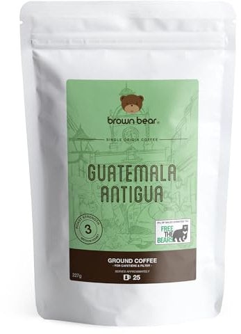 Guatemala Antigua Ground Coffee 227g - For French Press Cafetiere Filter Drip V60 Aeropress - Brown Bear Guatemalan Coffee - Medium Roast - Strength 3 - Donation to Free The Bears