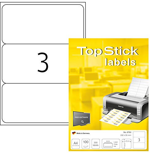 TopStick 8793 Universal Etiketten, 1000 Blatt, 200 x 95 mm, 3 pro A4 Bogen, 3000 Stück, selbstklebend, bedruckbar, matt, blanko Papier Klebeetiketten Aufkleber, weiß
