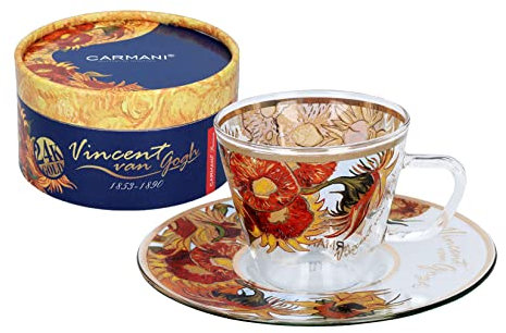 CARMANI - Unique Glass Painted Coffee Espresso, Ristretto Cup with 'Sunflowers' by Vincent Van Gogh - 80 ml