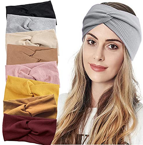 VEGCOO Damen Haarband Winter, 8 Stück Breit Verdreht Elastisch Stirnband, Sport Yoga Haarbänder für Damen Mädchen (8 Stück)
