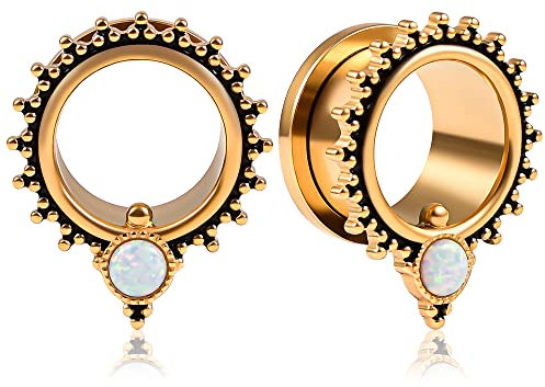 Vankula Ohr Tunnel 1 Paar Double Flared Flesh Plugs Opal Edelstahl für männer damen Ohrpiercing Gestreckte Schmuck 10mm(00G) Gold