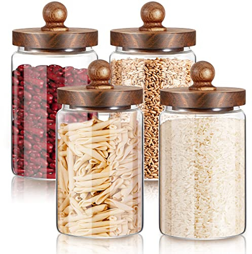 Gerrii 4 Stück Glas Frischhaltedosen mit Deckel aus Akazienholz, luftdicht, versiegelt, klares Glas, luftdichter Glasbehälter für Kaffeebohnen, Nüsse, lose Blätter, Tee, Zucker, Gewürze, Reis, Nudeln