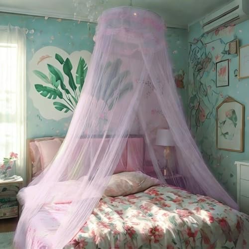 Eimilaly Spitze Betthimmel Moskitonetz, Prinzessin Betthimmel für Mädchen Zimmer Dekor, Purple/Single Door