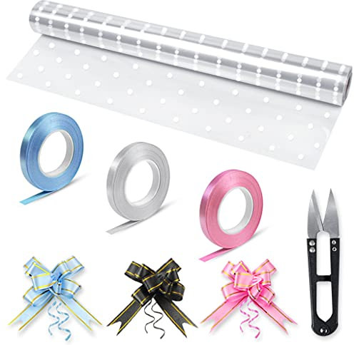 HTHL Clear White Dot Cellophane Wrap for Hampers,Gift Wrapping Roll with 30 Pull Bows,3 Ribbon Rolls,Scissors for Florist Bouquet Easter Valentine&Birthday Basket Gifts Boxes(30M x 40CM)