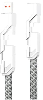 HADAVAKA 4-In-1 Flat Braided Anti- Tangle Charger Cable, [Fast Charging & Data Sync] Flat Braided With Velcro, Compatible With Iphone/Type C/USB Ports, 1.5M/ 5FT (White)