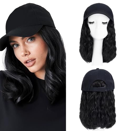 SEGO Wig Cap mit Haaren Extension mit Baseballmütze BOB Perücke Haarverlängerungen Gewellt Haarteil wie Echthaar Damen 20 cm Natural Schwarz