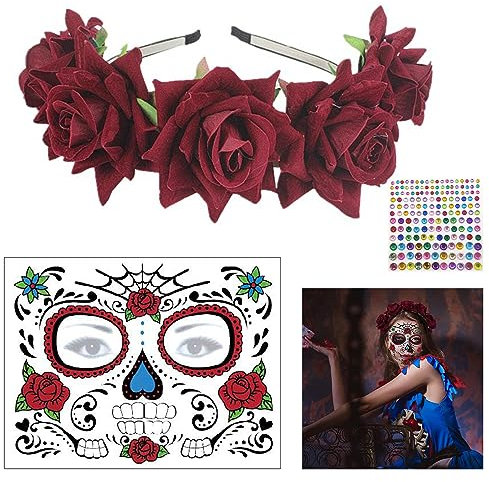 CLDURHGE Tag der Toten Haarreif, Haarreif Tag der Toten Haarre Halloween Kostüm Damen Haarschmuck Rosen Haarband mexikanischen Blumen Kronen Day Karneval Fasching Halloween