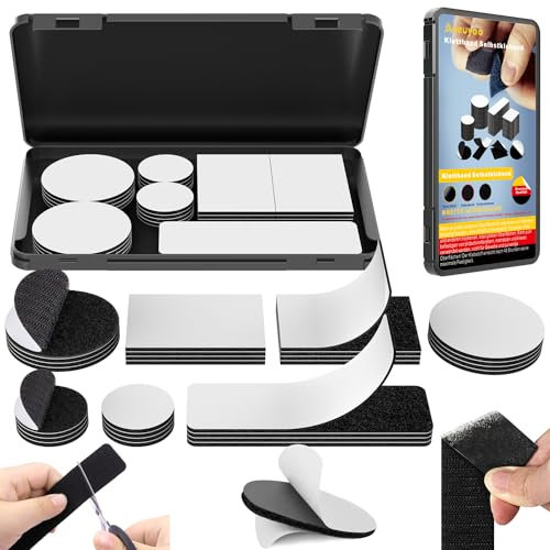 Klettband Selbstklebend Extra Stark, Doppelseitig Klettband mit Reiseetui, Selbstklebend Klebepad mit Flauschband und Hakenband für Wände/Boden/Tür/Gläser/Metalle - Schwarz