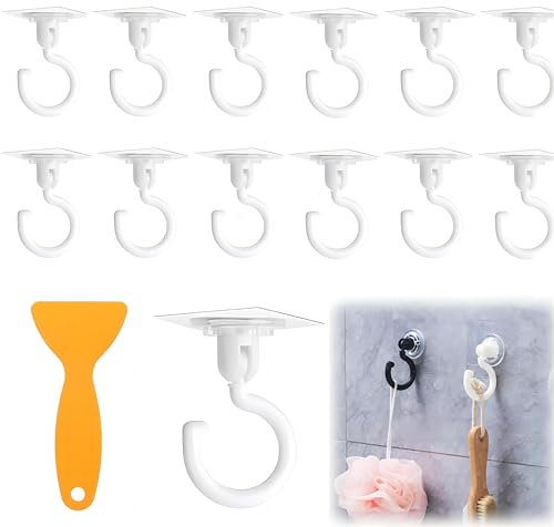 12 pezzi Ganci Autoadesivi Girevoli a 360 Gradi con 1 Raschietto -Carico Massimo 3 kg- Ganci da Soffitto Senza Foratura, Gancio da Parete Trasparenti Gancio Adesivo per Bagno/Cucina/Ufficio (Bianco)