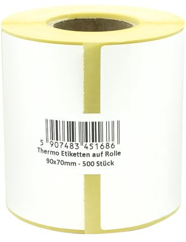 MDlabels Lot de 500 étiquettes thermiques blanches en rouleau 90 x 70 mm – Adhésif permanent, pour codes-barres, étiquettes adhésives blanches pour étiquetage Étiquettes thermiques