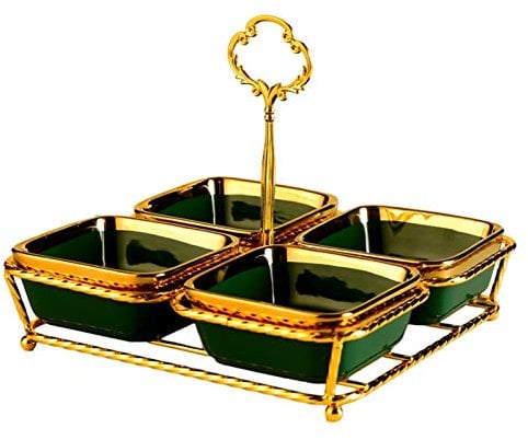 ZINXY Dekorative Snackschalen Keramik Grün Platter, Rasterplatte, Nuss Snack Teller, Dörrobst Teller, Erfrischung Teller, Obst Imbiss-Platte mit Regal Dipschalen Set