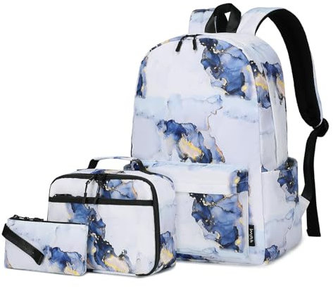 Imyth Backpack for Teen Girls School Gift Bookbag Lunch Box Pencil Bag 3 in 1 Set, Marble Black, L, School