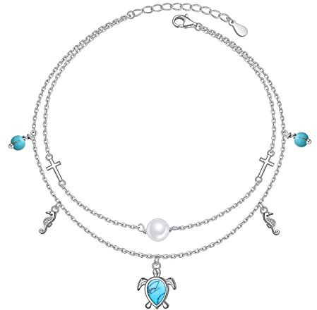 HOOHWE Fußkettchen für Frauen Sterling Silber Schildkröten Evil Eye Infinity Herz Strand Fußkettchen Doppelschicht mit Perlen Einstellbare Boho Geschenk für Mädchen Strand