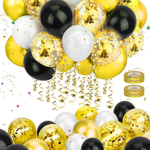 Mbsomnus Set de 60 Ballons Dorés Métalliques, Noirs et Transparents avec Confettis - Ruban Inclus pour Déco Anniversaire, Nouvel An, Mariage, Disco, Shower, Fête