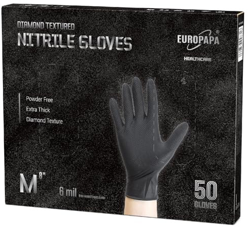 EUROPAPA 50x extra thick nitrile gloves DiamantGrip Diamant black and orange Perfect Grip disposable gloves assembly protection gloves powder-free latex-free work gloves (M, Black)