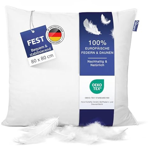 Clemens festes Federkopfkissen 80x80 cm - Stützendes Federkopfkissen Federn 85% & Daunen 15%, Federkissen Daunenkopfkissen - Kopfkissen für Rücken- & Seitenschläfer