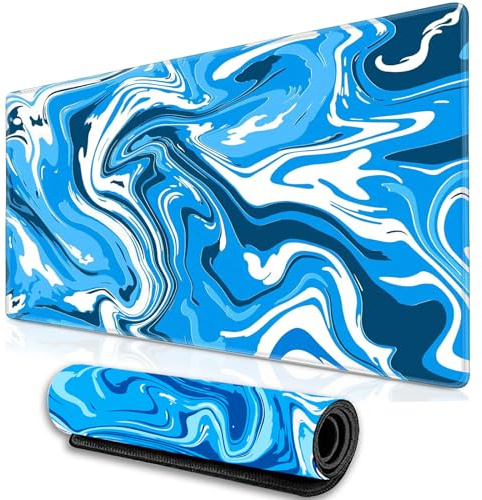 XXL Gaming Mauspad, Fluid Art Mauspad 900 x 400 mm groß Vernähte Kanten WassXerdicht, rutschfeste Gummi Schreibtischmatte für PC MacBook Laptop Verbessert Präzision und Geschwindigkei (Blau)