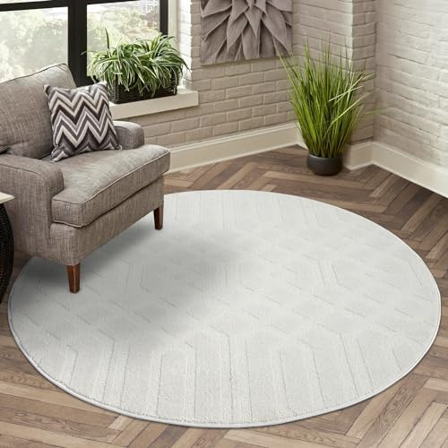 carpet city Teppich Kurzflor Wohnzimmer - Creme - 200 cm Rund - Ornament, Marokkanisch - 3D-Effekt - Moderne Teppiche Flachflor Schlafzimmer, Esszimmer