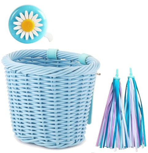 Begchy 1 Set Rattan-Weidenkorb + Glocke + Aufkleber, verstellbar, handgewebt, Erwachsenen-Fahrradlenker-Zubehör, Blau