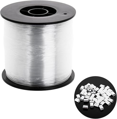 Filo invisibile forte trasparente, 0,8 mm, 200 m, in nylon, per appendere quadri, filo da pesca monofilamento resistente, con 120 manicotti in alluminio per appendere oggetti artigianali (1 rotolo)
