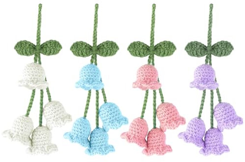 SYEYCW 4 Stück Häkeln Bluebell Blume Anhänger Auto hängend, Rückspiegel hängende Zubehör, Hand Gestrickt Auto Anhänger, Niedlich Autozubehör für Frauen, Spiegel hängende Zubehör für Auto, 4 Farben