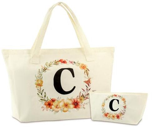 Wzczf Initialen Einkaufstasche Jutebeutel Canvas Tote Bag, Canvas Einkaufstasche mit Reißverschluss, Geschenk für Frauen Mama Brautjungfer Geschenk für Geburtstage,Hochzeit,Weihnachten（C）