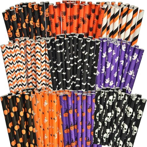 VITEVER 200 PCS Halloween Papier Strohhalme, Schwarz Weiß Lila Orange Biologisch abbaubare Trinkhalme mit Totenkopf, Totenkopf, Geist, Kürbis, Fledermäuse, Spinne Design für Halloween Party(10 Styles)
