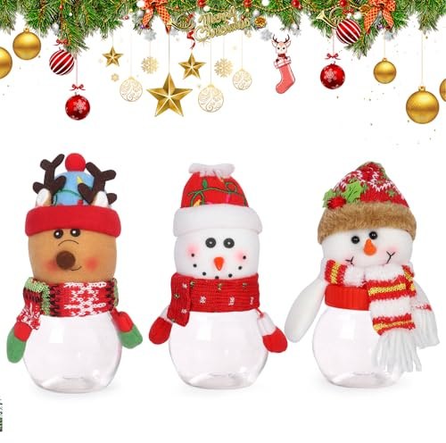 Minicoco Christmas Candy Jars, Snowman, Reindeer, Bear, Cookie Bisciut Coffee Tea Sugar Canister Jars Xmas Holiday Treat Packaging (3PC)