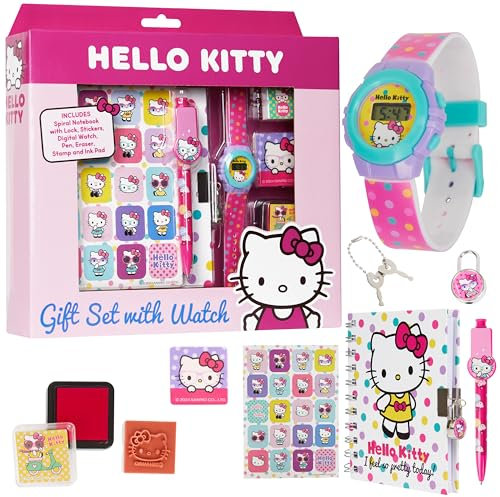 Hello Kitty Carnet Montre Digitale Accessoires Fille Stylo bille Journal Intime avec Cadenas Gomme Tampon Encreur Cadeau Fille et Ado