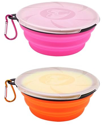 KGDUYC 2 pièces Gamelles pliables pour chien– Gamelles pour chien de compagnie, gamelle portable en silicone, pour chiens avec couvercle et mousqueton pour voyage et randonnée (orange + rose)