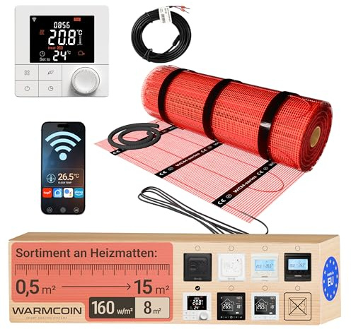 Elektrische Fußbodenheizung Heizmatten-Set mit Digital-Thermostat 8 m² | Digitales Raumthermostat per App, Drehrad; Elektro-Flächenheizung 160 W/m², selbstklebend, Bodenfühler; für Fliesen