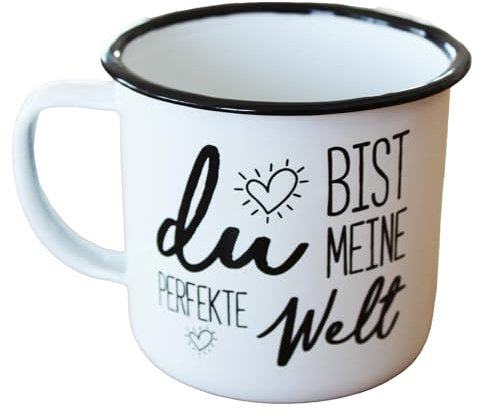 KAMACA Metalltasse Retro mit Spruch im Emaille Look 350 ml Metall-Becher für Alltag Büro Camping witzig tolles Geschenk für liebe Menschen Kollegen (Du bist meine perfekte Welt)