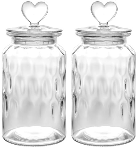WHJY Set of 2 Airtight Glass Jars Decorative Jars, 45oz Jar of Hearts Cute Cookie Jar Decorative Jars with Lids Candy Jars for Candy Buffet Heart Shaped Lid - Drops Textured