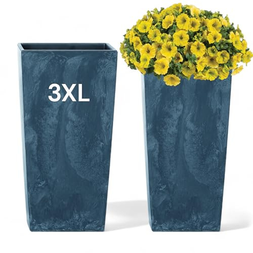 MELTOM Pot de fleurs carré haut aspect béton anthracite 76 cm avec insert | plastique, récipient de 91,5 l, haut de 38,5 x 38,5 cm, pot intérieur amovible de 37 l sans trous, bouchon en caoutchouc dans
