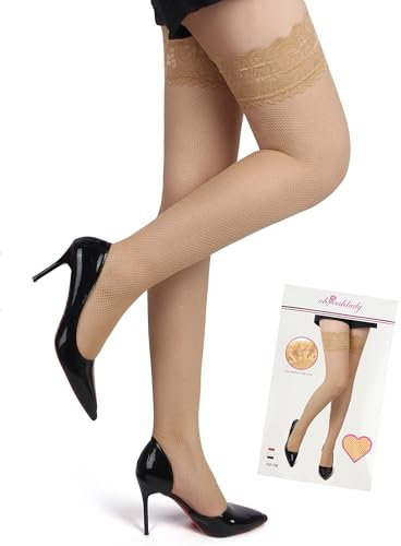 ohyeahlady Medias Rejilla Mujer Talla Grande Medias Encaje Medias liguero Altas Medias de Liga Autoadhesivas Con Silicona en Caja (Color Carne,XS-M)