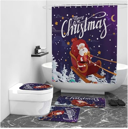 Yofab Set di tende da doccia natalizie con tenda da doccia e tappeti, motivo Babbo Natale e albero di Natale, include 12 ganci per la decorazione della casa