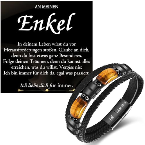 PDTU Enkel Geschenk von Opa Oma, Lederarmband mit Gravur Ich Liebe Dich Geschenk für Meinen Enkel Junge, Enkel Geschenke von Großeltern zum Geburtstag Abschluss Einschulung Weihnachten