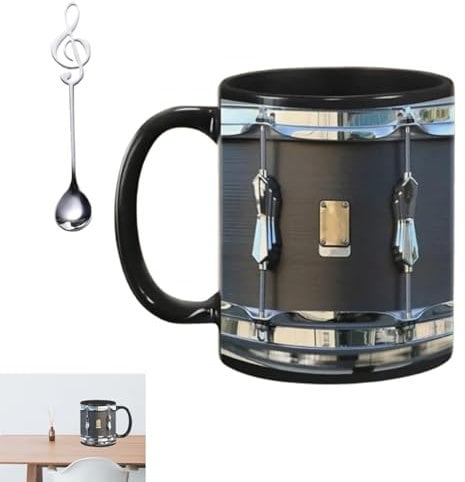 Schwarze Vintage-Trommeltasse, lustige süße Geschenke zum Trommeln, 2025 Kreativität, Kaffeetasse in Trommelform, neue Schlagzeug-Kaffeetasse für Herren mit Musiknoten-Löffel (Black)