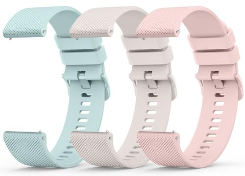 Wanme 3 Pièces 20mm Bracelet de Montre en Silicone, Souple Bracelet de Replacement en Dégagement Rapide avec Boucle en Même Couleur Homme Femme 20mm, Starlight/Rose/Cyan Clair