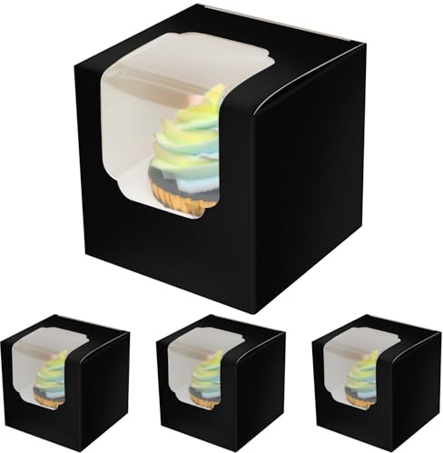 Gcardist Schwarz Auto-Pop-up Cupcake-Boxen Einzelne Cupcake-Behälter 15 Stück 8,9x8,9x8,9cm (15 Boxen + 15 Einsätze, 3,5x3,5x3,5inch)