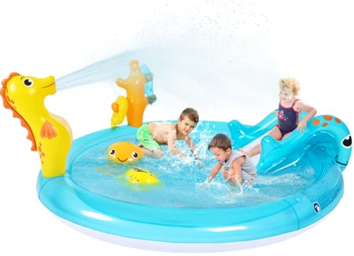 Sea Animal Inflatable Kids Pool with Slide and Sprinkler, Inflatable Play Center with Rings & Animal Figures, 78x59.5x15.5 Kiddie Pool for Summer Outdoor Backyard