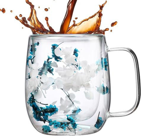 Tasse à thé en verre avec fleurs séchées - Tasses en verre à double paroi | Tasse à fleurs séchées à double paroi résistante à la chaleur pour boissons