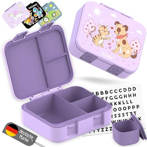 BEARFOOT Bento Box COMPACT | BPA-freie Kinder Brotdose für Schule & Kindergarten | Auslaufsichere Lunchbox für Mädchen & Jungen | Praktisch, leicht & kompakt (Hund&Katze-lila, 1.000ml)