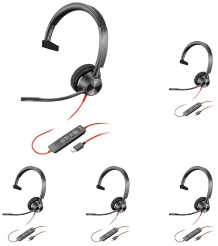 Poly Blackwire 3310 Wired Headset – Flexible Microphone Boom – Monaural Design - Connect to PC/Mac via USB-C or USB-A - Certified for Microsoft Teams (Pack of 5)