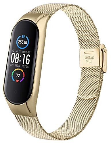 Mugust Armband für Xiaomi Mi Band 5/ Xiaomi Mi Band 6 Armband, Edelstahl Mesh Metall Ersatzarmband für Amazfit Band 5/ Xiaomi Mi Band 6 (Vintage gold)