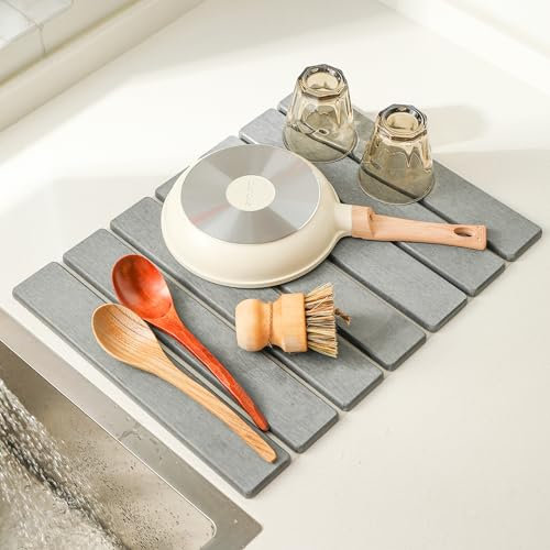 Volminex Alfombrilla Escurreplatos de Diatomita, Absorbente Alfombra Escurreplatos, Alfombrilla Fregadero Cocina Plegable, Alfombrilla de Barro de Diatomeas para Secar Platos (Gris Claro, 60 x 40 cm)